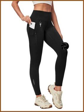 Fleece Lined Thermal Leggings Water Resistant High Waist Pockets